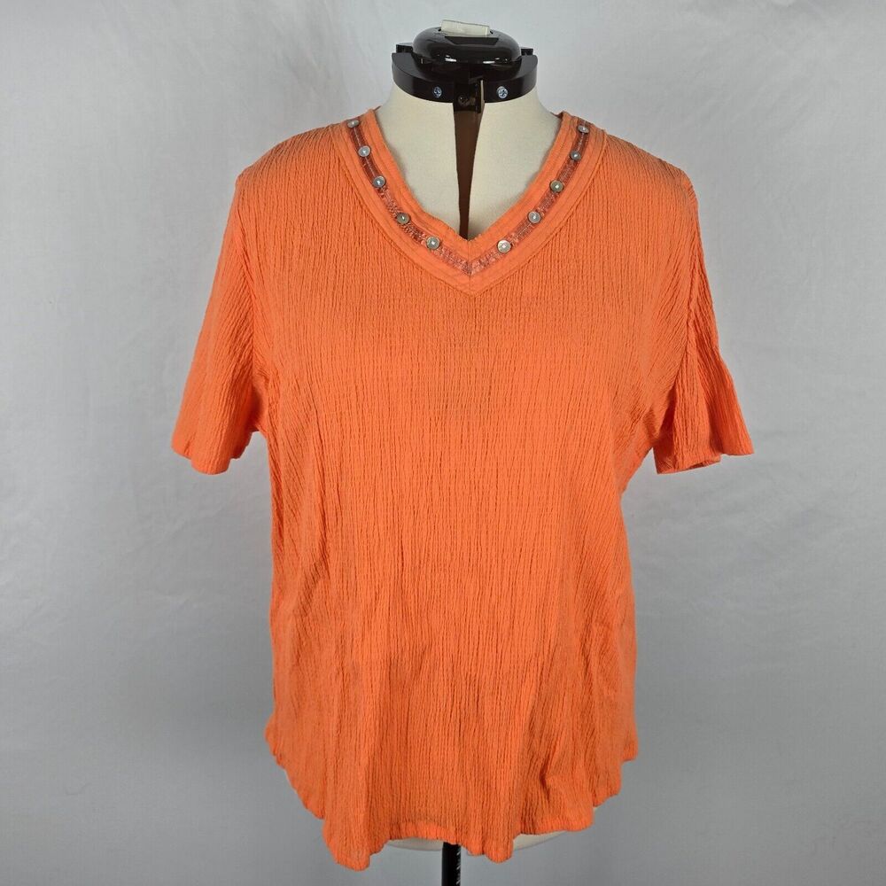 CJ Banks Blouse Women's 1X Orange Short Sleeve Sequin V-Neck Textured NWT